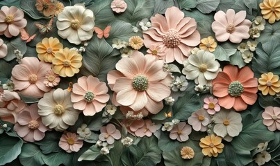 Fototapeta premium Pastel clay flowers, leaves background, spring floral art, home decor