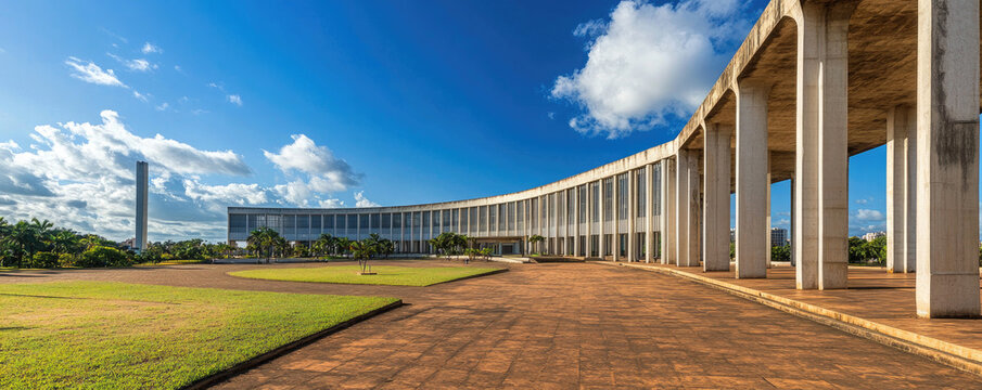 Neoclassical curved colonnade architecture, expansive lawn, blue sky with puffy clouds, monumental memorial structure, Washington DC style, wide-angle panoramic view, sunlit stone columns, historic