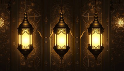 Three ornate hanging lanterns illuminate a dark, patterned wall.
