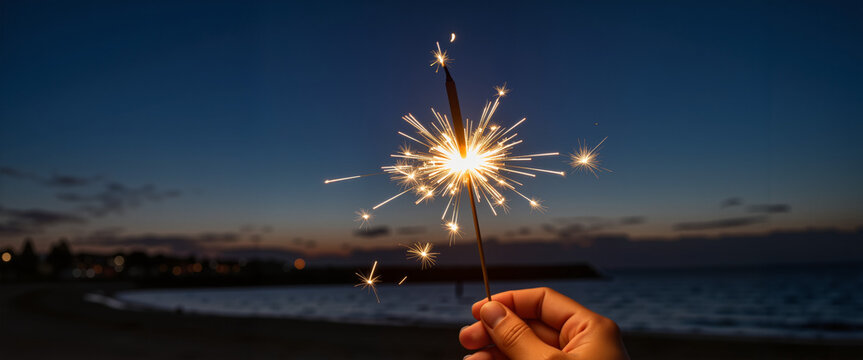 Hand holding lit sparkler by ocean at dusk, celebration of joy - Powered by Adobe