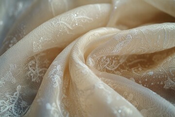 Close up of luxurious beige fabric showcasing delicate lace designs, capturing the essence of elegance and sophistication in textile art