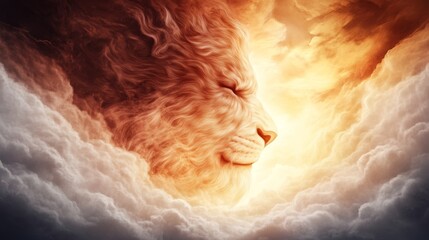 Fototapeta premium A majestic lion's head emerges from a sea of fluffy clouds bathed in a warm radiant glow creating a serene and powerful image