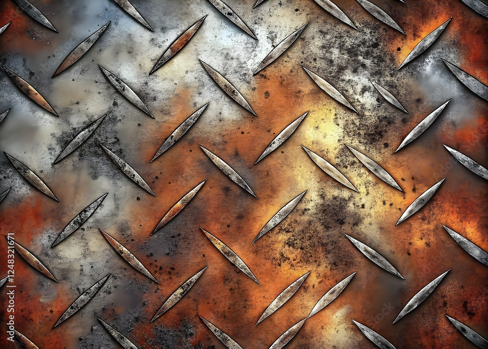Poster Textured Metallic Diamond Plate Surface with Rust Corrosion Patterns