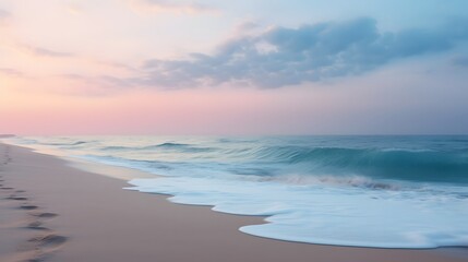 Tranquil and serene sunrise scene over an untouched pristine sandy beach with gentle ocean mist creating a dreamlike ethereal atmosphere  This picturesque coastal landscape offers a peaceful