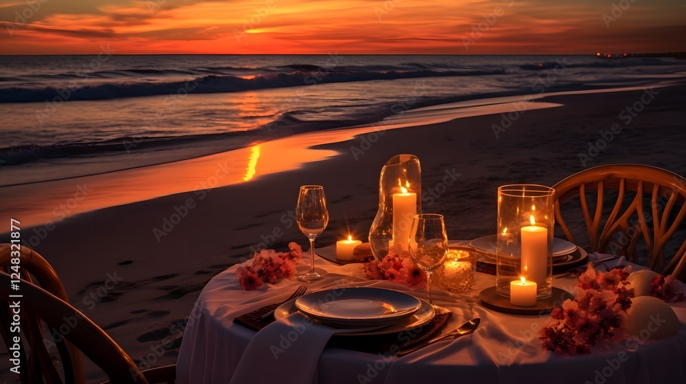 Poster romantic candlelit dinner set up on the beach with a table overlooking the serene ocean and softly c