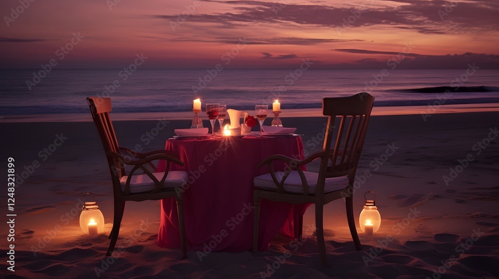 Poster romantic candlelit dinner setting with soft waves lapping the shore and a starry night sky in the ba