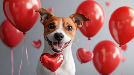 Smiling Dog Surrounded by Heart Balloons
