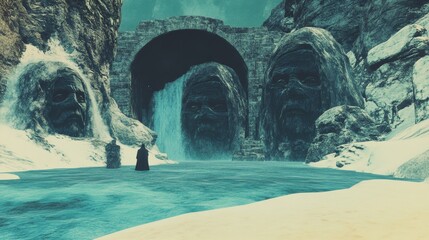 A surreal vista of a wintery landscape featuring towering stone faces carved into cliffs and a cascading waterfall creating a mystical atmosphere