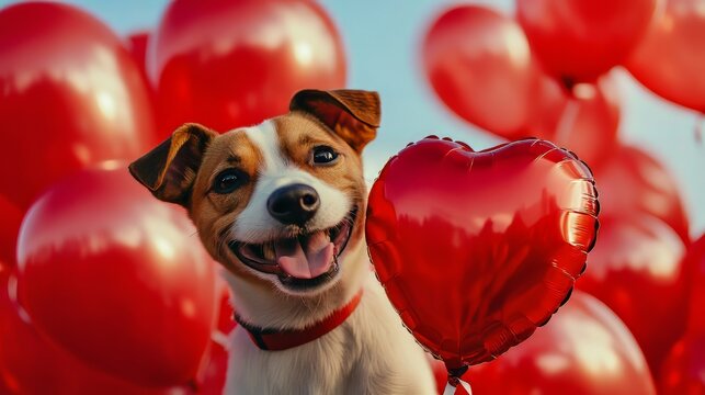 Happy dog with red heart shaped balloon