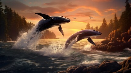 Fototapeta premium Dolphins Playfully Jumping and Splashing in the Waves near the Tropical Shoreline Enjoying the Carefree Summer Adventure