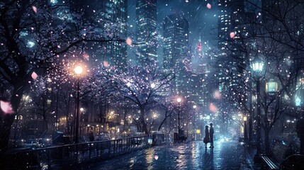 Obraz premium Night city walk, sakura petals, romantic couple, rainy street, city ambiance, urban scene, use for posters, cards