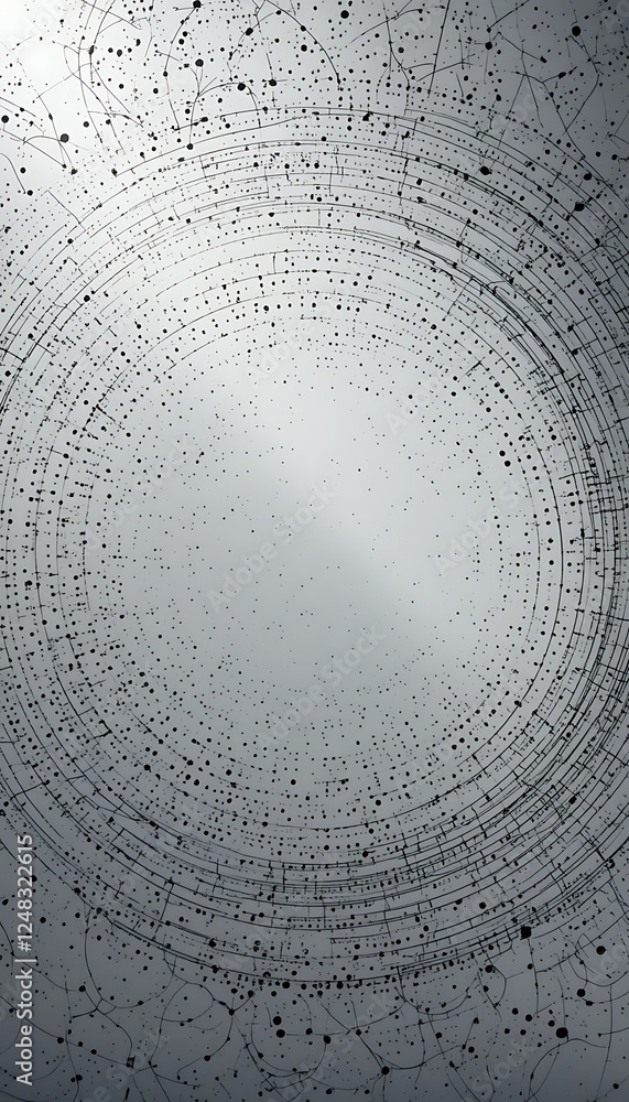 Poster abstract circular network of lines and dots in monochrome background