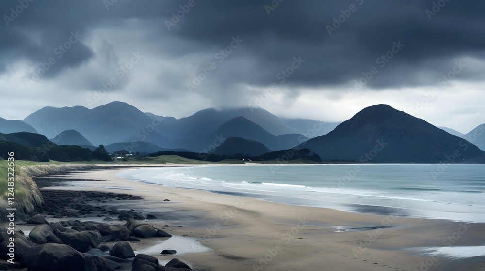 Poster dramatic storm clouds rolling in over a quiet serene beach landscape creating a moody atmospheric sc