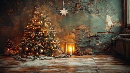 Cozy Christmas Tree Scene with Warm Lights and Rustic Decor
