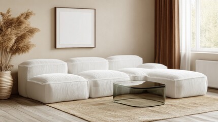 Fototapeta premium Modern Cozy Living Room with White Modular Sofa and Glass Table