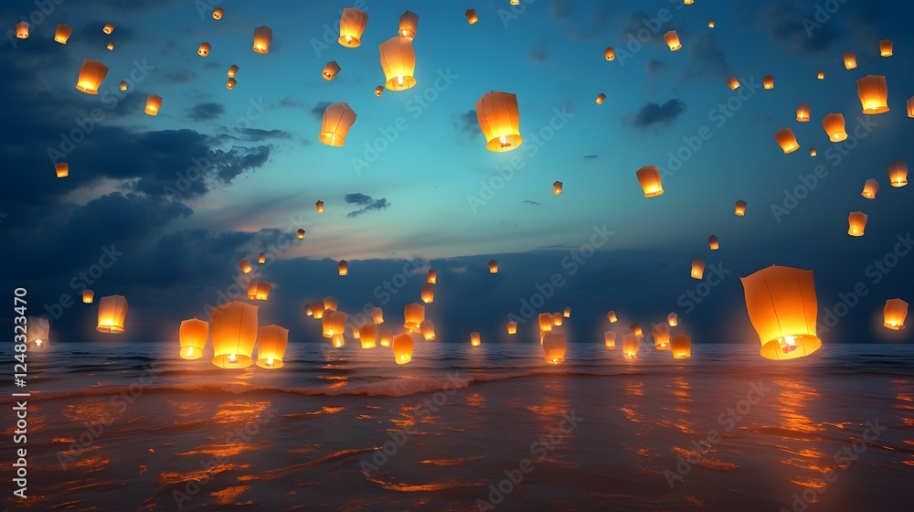 Poster glowing paper lanterns being released into the night sky creating a mesmerizing display against the 