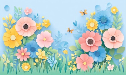 Spring flowers meadow, butterflies flying, pastel colors, paper art style, website banner