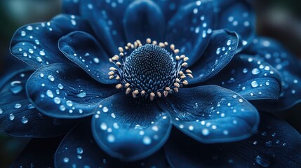 Close-up of a vibrant blue flower with droplets, set against a soft-focus natural background