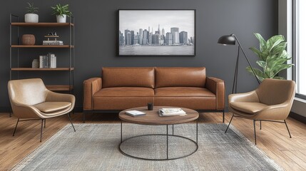 Fototapeta premium Modern Living Room with Brown Sofa and Stylish Decor Elements