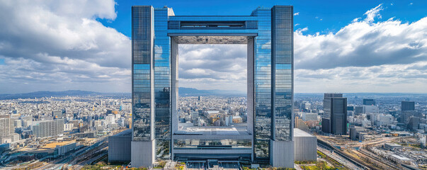 Futuristic observation deck, glass-walled viewing platform, high-rise buildings, cityscape panorama, cloudy sky, urban skyline, modern architecture, skyscrapers, aerial view, transparent elevator