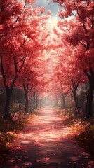 Serene pathway lined with vibrant pink cherry blossoms in a tranquil forest setting
