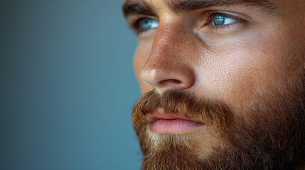 Close-up of a Man With a Beard and Striking Blue Eyes. Generative AI