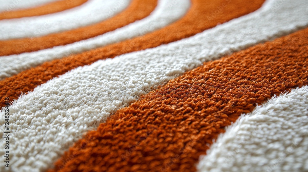 Poster A vibrant close-up reveals the soft, plush texture of an orange and cream rug, showcasing flowing curves that create a lively atmosphere. Perfect for adding warmth to interiors