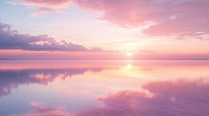 Fototapeta premium Serene morning at a still lake capturing the pastel hues of sunrise and deep tranquility. Generative AI