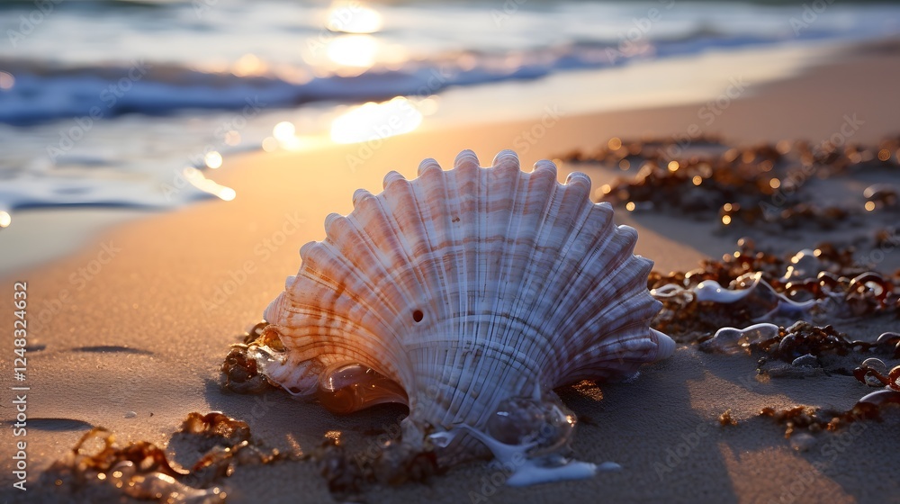 Poster serene and tranquil scene of gentle waves lapping at a sun bleached seashell on the shore creating a