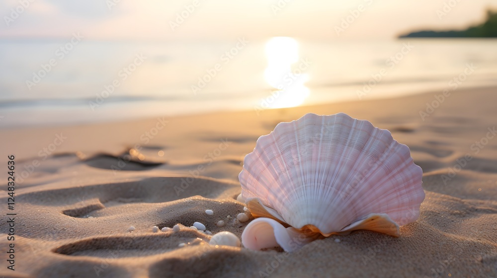 Poster gentle waves lapping at a sun bleached seashell resting peacefully on the tranquil sandy shore creat