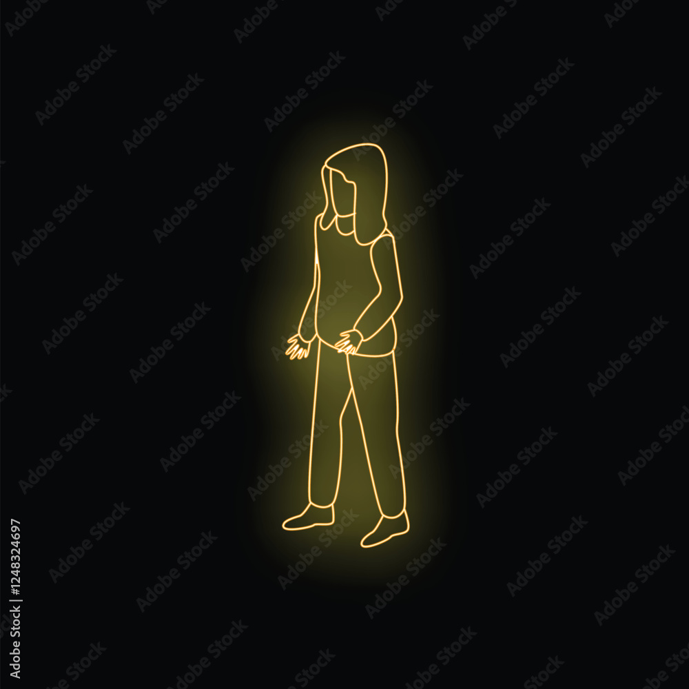 Poster neon outline of a hacker standing with hands in pockets, isolated on a black background