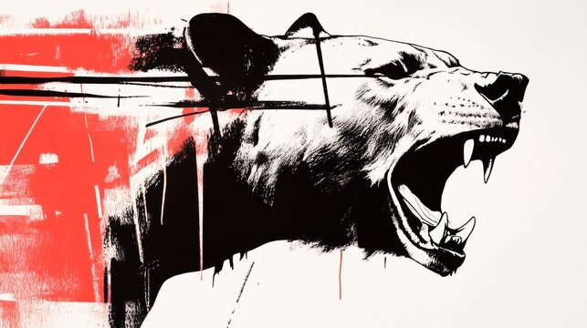 An abstract painting of a ferocious wild cat with an open mouth rendered in striking black and white with bold red accents