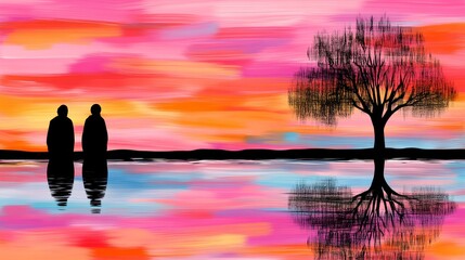 Abstract artistic landscape featuring two figures at water's edge a silhouetted tree and a vibrant sunset reflecting on the water