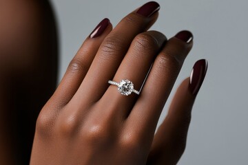 A graceful hand belonging to a Black woman presents a beautiful engagement ring, adorned with sparkling stones, complemented by expertly manicured burgundy nails