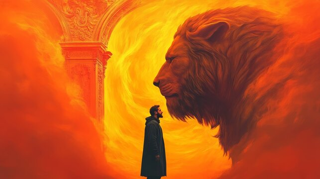 A man stands before a colossal lion fiery portal A symbolic meeting of courage and power He has a new challange ahead of him