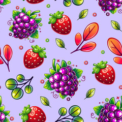 Seamless Pattern with Strawberries, Flowers, and Leaves. Vibrant Berry and Leaf Illustration in Cool Tones