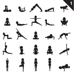 Yoga Silhouette Woman Poses Characters Vector Outline Black Shadow Set 1