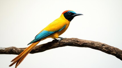 Obraz premium A bright yellow bird perched gracefully on a tree branch, showcasing its vibrant feathers