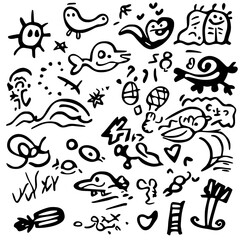 Colorful doodle artwork depicting various sea creatures, sun, and abstract shapes in a playful style