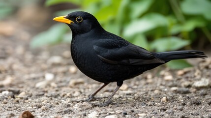 Obraz premium A close-up of a common blackbird with striking black plumage and vivid yellow beak, perched on the ground
