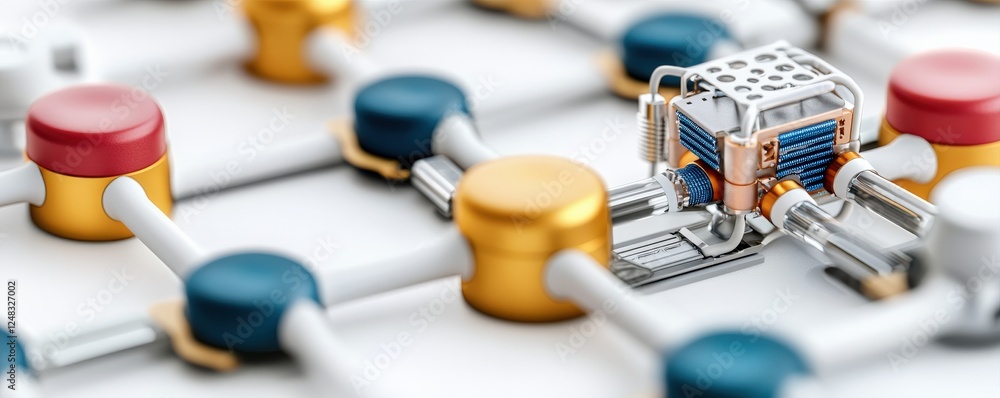 Poster material science nano concept. close-up of a microchip on a circuit board with colorful connectors.