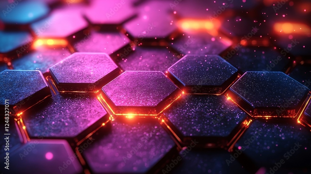 Poster glowing hexagonal abstract background in vibrant neon colors depicting a futuristic technology conce