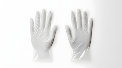 Obraz premium Neatly arranged white latex free disposable gloves laying flat on a bright clean white surface background Medical and healthcare protection concept with essential hygiene and safety equipment