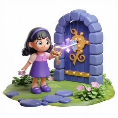 Cute girl opens a magical door with a glowing key. 3D rendering, cartoon style, whimsical scene. 