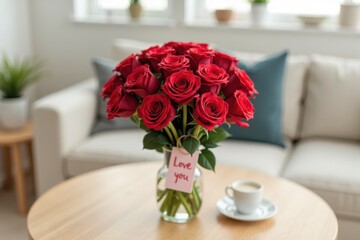 A stunning bouquet of red roses with a "I love you" tag hanging from it. The bouquet is placed on a wooden table with soft lighting around it.