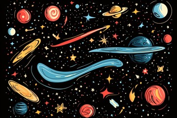 Naklejka premium Dynamic illustration showcasing a vivid cosmic scene filled with swirling planets, stars, and comets against a dark background, creating a sense of motion
