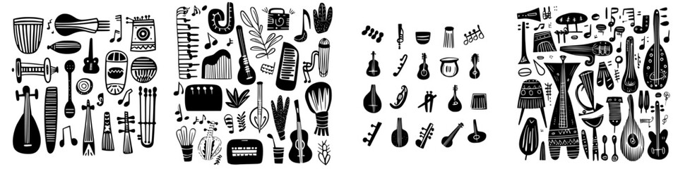 Artistic collection of musical instruments and botanical elements displayed in a creative arrangement