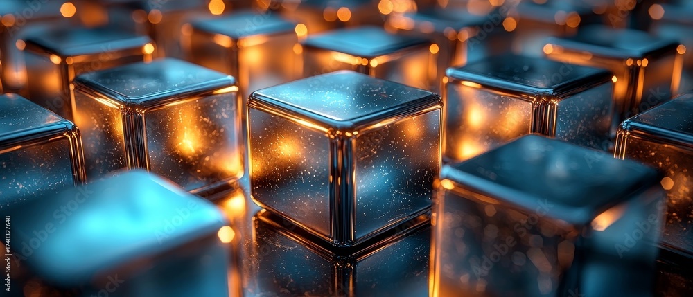 Aufkleber surreal metallic cube stack background with glowing reflective surfaces