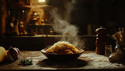 Rustic Spaghetti Bolognese in Wooden Bowl on Dark Background
