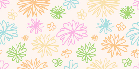 Seamless pattern with hand drawn graphic flower and leaves in pastel colors. Floral design. Great for textile, fabric, wallpaper, wrapping, scrapbook and packaging